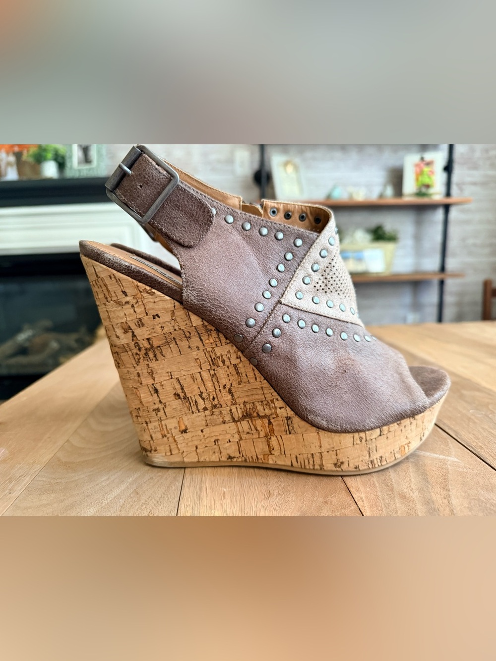 Not Rated Taupe Suede Studded Cork Wedge Sandal